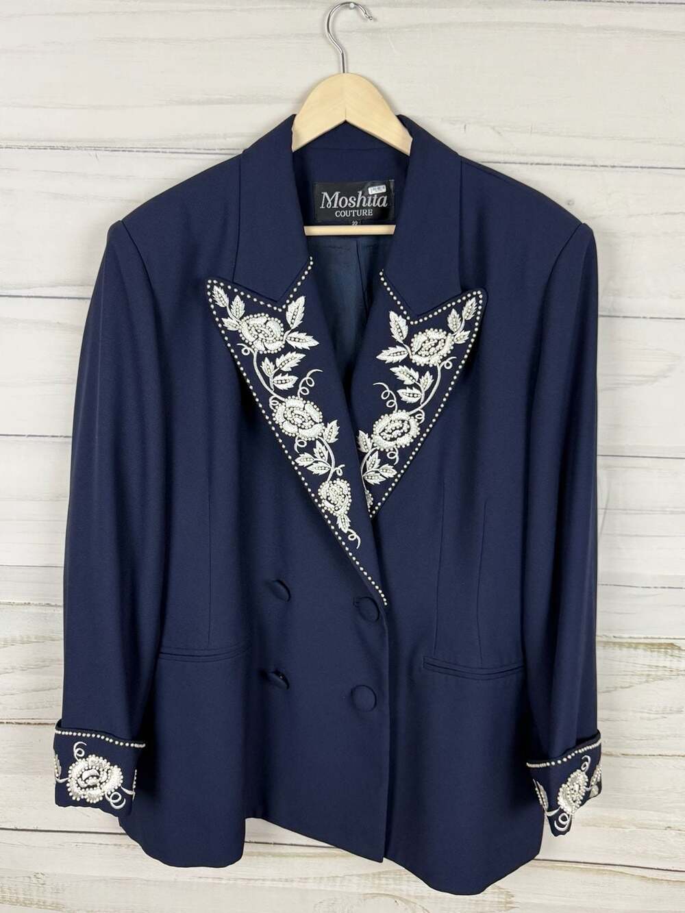 Moshita Couture Navy Blazer Jacket Size 22 Embellished Floral Lapel